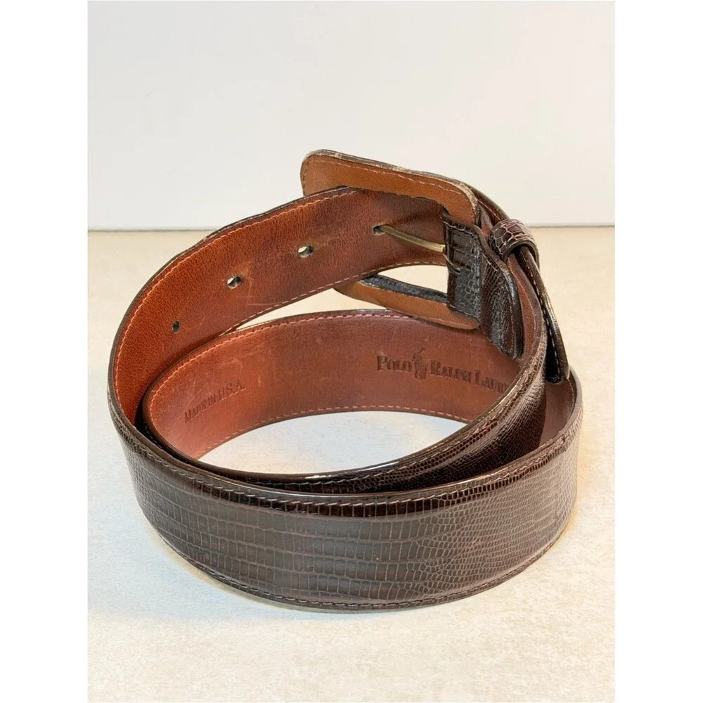 Polo RALPH LAUREN Genuine Lizard Belt & Buckle Brown USA Sz 28 Mens